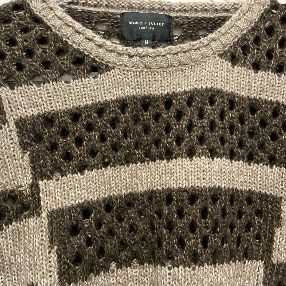 Brown and Beige Crew Neck Sweater with Geometric Stripes